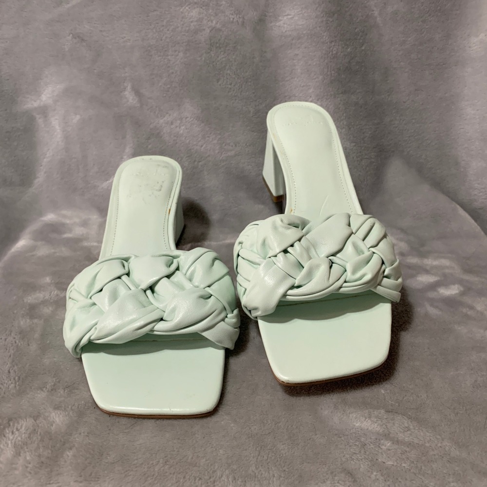 Marc Fisher LTD Dalary Mint Green Braided Leather Block Heel Slide Sandals 9.5M